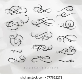 Calligraphic elements in vintage style drawing on crumpled paper background