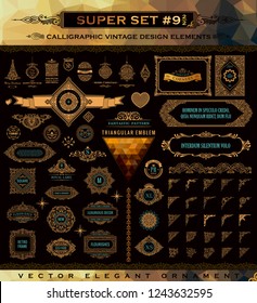 Calligraphic emblems set. Vintage crest. Gold design elements. Vector flourishes illustration. Border, frame collection royal ornament, page divider, invitations, labels, Restaurant, Cafe, Hotel