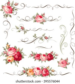 Calligraphic floral ornament with vintage roses for page decoration. Vector bouquet of blooming flowers