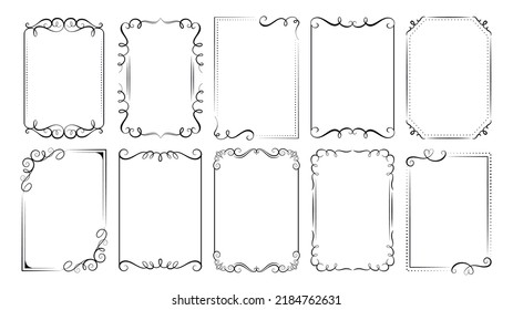 Calligraphic flourish frames vintage design for wedding invitation, cards decorative. Swashes line ornament borders, swirl motif elegant racy vector element