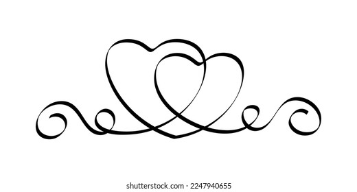 Calligraphic flourish heart. Hand drawn vintage wedding element. Swirl ornament, line style curls. Filigree decorative retro frame for invitation card, certificate and diploma. Outline text divider.