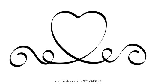Calligraphic flourish heart. Hand drawn vintage wedding element. Swirl ornament, line style curls. Filigree decorative retro frame for invitation card, certificate and diploma. Outline text divider.