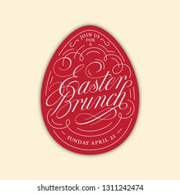 Calligraphic Flourish Lettering Easter Brunch On Red Egg For Greeting Card, Invitation, Poster, Banner Template. Vector Illustration.