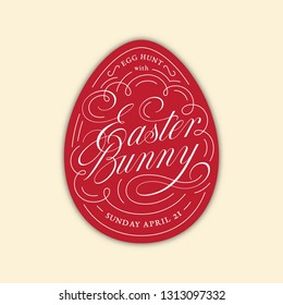 Calligraphic flourish lettering Easter Bunny on red egg for greeting card, invitation, poster, banner template. Vector illustration.