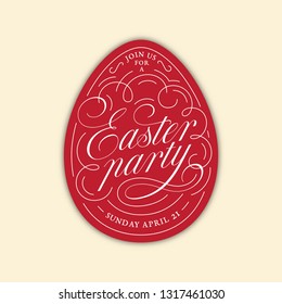 Calligraphic flourish lettering Easter Party on red egg for greeting card, invitation, poster, banner template. Vector illustration.
