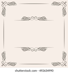 Calligraphic flourish swirl ornate decoration design elements in brown color.  Isolated on the beige background. Vector illustration.