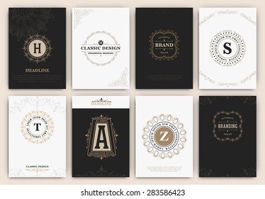 Calligraphic Flyer Design Template Set - Classic Ornamental Style. Elegant luxury frame with typography - Ideal logo for restaurant, hotel, cafe or other businesses with classic corporate identity