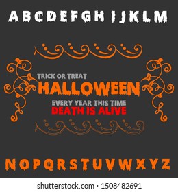 Calligraphic font alphabet script typeface handcrafted vector letters made for Halloween card poster background 