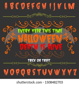 Calligraphic font alphabet script typeface handcrafted vector letters made for Halloween card poster background 