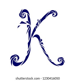 Calligraphic Font. Initials letter K . Vector Design Background. Swirl Style Illustration. 