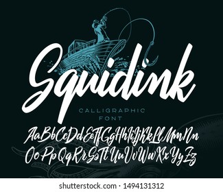 Calligraphic font named "Squidink" with fishing boat vector illustration