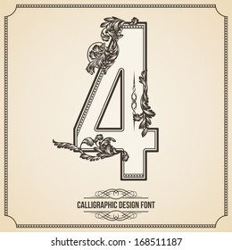 Calligraphic Font. Number 4. Vector Design Background. Swirl Style Illustration.