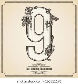 Calligraphic Font. Number 9. Vector Design Background. Swirl Style Illustration.