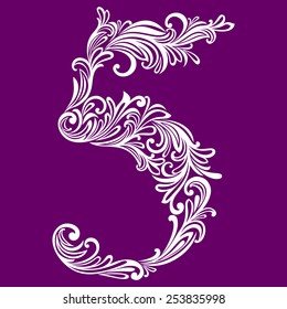 Calligraphic Font. Number five. Vector Design Background. Swirl Style Illustration.