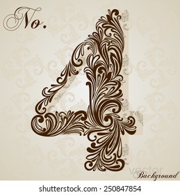 Calligraphic Font. Number four. Vector Design Background. Swirl Style Illustration.