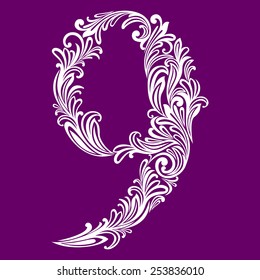 Calligraphic Font. Number nine. Vector Design Background. Swirl Style Illustration.