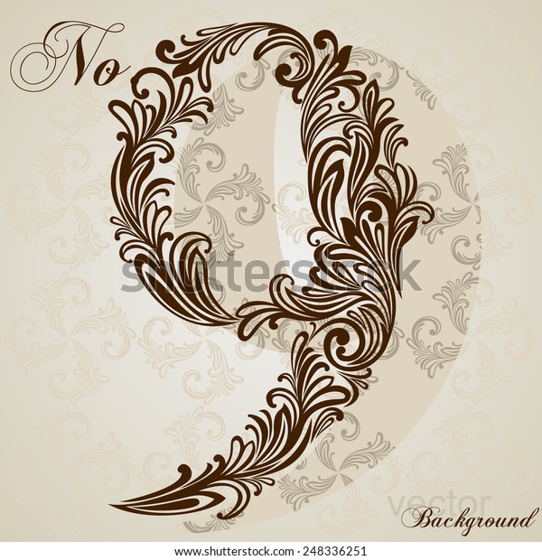 Calligraphic Font. Number nine. Vector\
Design Background. Swirl Style\
Illustration.