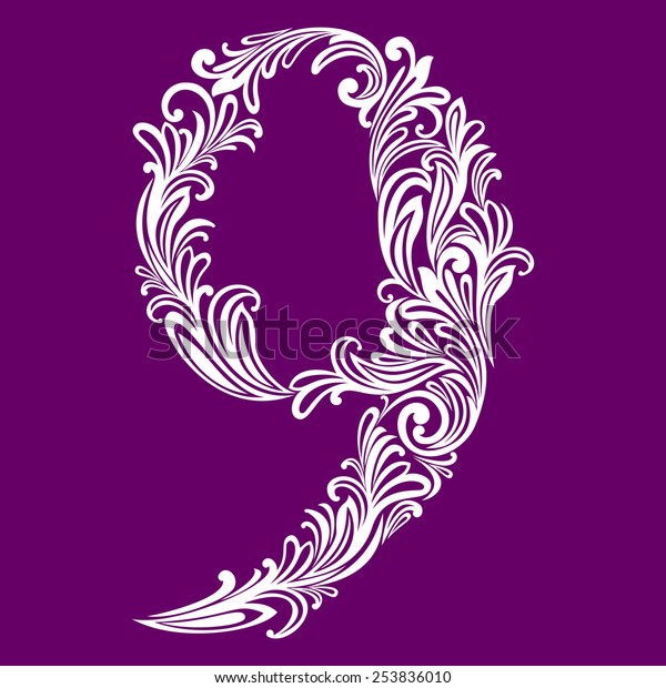Calligraphic Font. Number nine. Vector
Design Background. Swirl Style
Illustration.