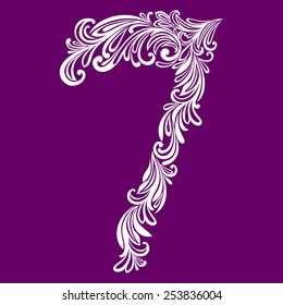 Calligraphic Font. Number seven. Vector Design Background. Swirl Style Illustration.