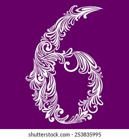 Calligraphic Font. Number six. Vector Design Background. Swirl Style Illustration.