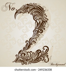 Calligraphic Font. Number Two. Vector Design Background. Swirl Style Illustration.