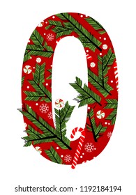 Calligraphic Font. Number zero. Vector Design Background. Illustration of a Christmas style.
