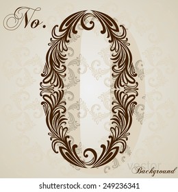 Calligraphic Font. Number Zero. Vector Design Background. Swirl Style Illustration.