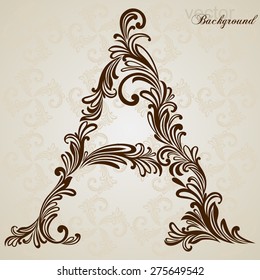 Calligraphic Font. Vintage initials letter A. Vector Design Background. Swirl Style Illustration.