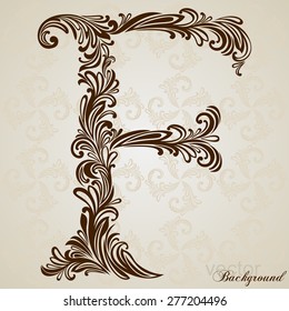 Calligraphic Font. Vintage initials letter F. Vector Design Background. Swirl Style Illustration.