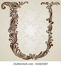 Calligraphic Font. Vintage initials letter U. Vector Design Background. Swirl Style Illustration.