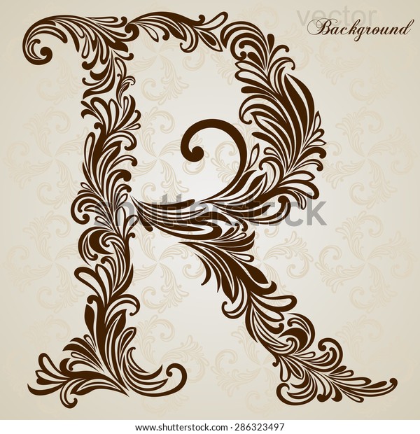 Calligraphic Font. Vintage initials\
letter R. Vector Design Background. Swirl Style\
Illustration.
