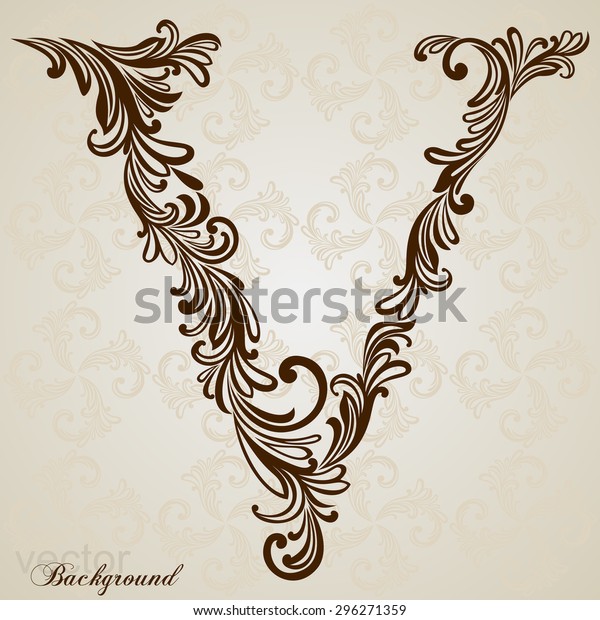Calligraphic Font. Vintage initials\
letter V. Vector Design Background. Swirl Style\
Illustration.