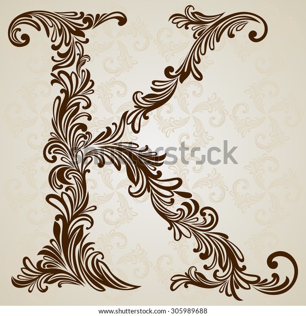 Calligraphic Font. Vintage initials\
letter K. Vector Design Background. Swirl Style\
Illustration.