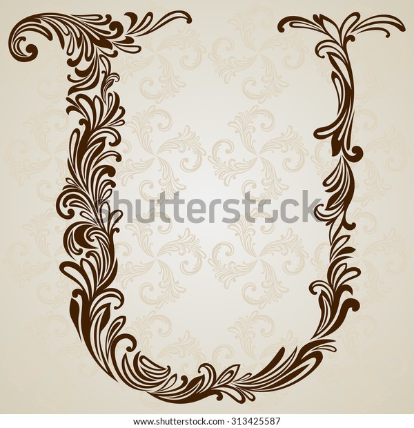 Calligraphic Font. Vintage initials\
letter U. Vector Design Background. Swirl Style\
Illustration.