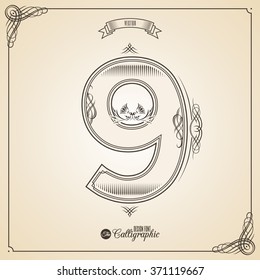 Calligraphic Fotn with Border, Frame Elements and Invitation Design Symbols. Collection of Vector glyph. Certificate and Decor Design Elements. Hand written retro feather Symbol. Number 9