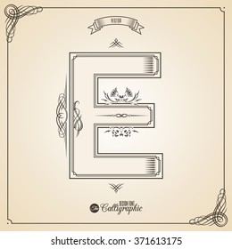 Calligraphic Fotn with Border, Frame Elements and Invitation Design Symbols. Collection of Vector glyph. Certificate and Decor Design Elements. Hand written retro feather Symbol. Letter E