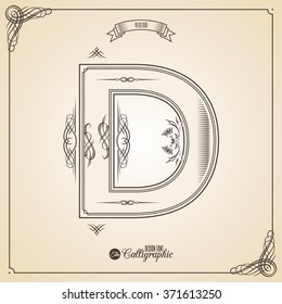 Fondo caligráfico con borde, elementos de marco y símbolos de diseño de invitación. Colección de glifo vectorial. Elementos de diseño de certificado y decoración. Símbolo de pluma retro escrito a mano. Letra D