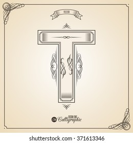 Calligraphic Fotn with Border, Frame Elements and Invitation Design Symbols. Collection of Vector glyph. Certificate and Decor Design Elements. Hand written retro feather Symbol. Letter T