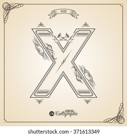 Calligraphic Fotn with Border, Frame Elements and Invitation Design Symbols. Collection of Vector glyph. Certificate and Decor Design Elements. Hand written retro feather Symbol. Letter X