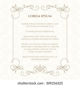 Calligraphic frame and classic seamless pattern. Template for greeting cards, invitations, menus, labels. Graphic design page. Wedding invitation.