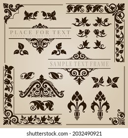 Calligraphic frame corner in the style of applied thai art patterns. Classic ornament element. Decorative designs for logo, text, cover, card, poster, flyer, brochure, wall. Vector illustration.