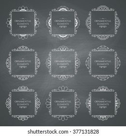 Calligraphic frame design elements. Vector set of page decorations on chalkboard background