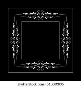 Calligraphic frame and page decoration. Floral adornment. White floral frame on black background.