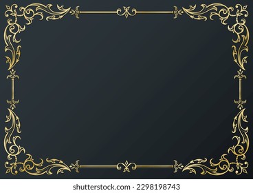 Calligraphic frame and page decoration on black background. Vector illustration. Vector of decorative horizontal element, border and frame.