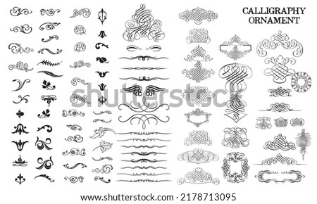 Calligraphic Frame. Royal Ornament Set. Vintage Element. Decorative Swirl, Vintage Crown, Flourishes. Retro Vector Illustration. Hand Drawn Design. Filigree Divider Wedding. Calligraphy Black
