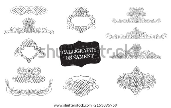 Calligraphic Frame. Royal Ornament Set. Vintage
Element. Decorative Swirl, Vintage Crown, Flourishes. Retro Vector
Illustration. Hand Drawn Design. Filigree Divider Wedding.
Calligraphy Blac