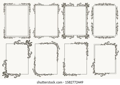 Calligraphic frame set. Borders corners ornate frames. Vector