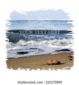 Calligraphic frame for your lettering on unfocused sea background. Vector illustration