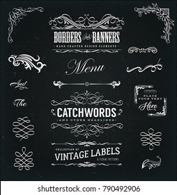 Calligraphic Frames And Banners On Chalkboard/
Illustration of a set of vintage corners and borders elements, with calligraphic floral shapes, ampersand, patterns and old-fashioned frame design