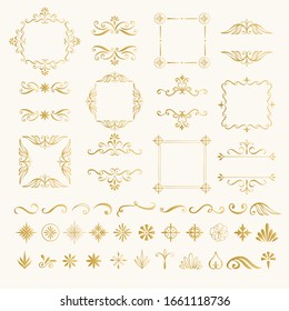 Calligraphic frames, borders and design elements. Filigree and flourishes. Vector gold illustration.